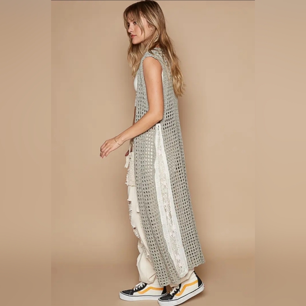 POL Boho Sleeveless lace crochet long cardigan/duster - Picture 2 of 5